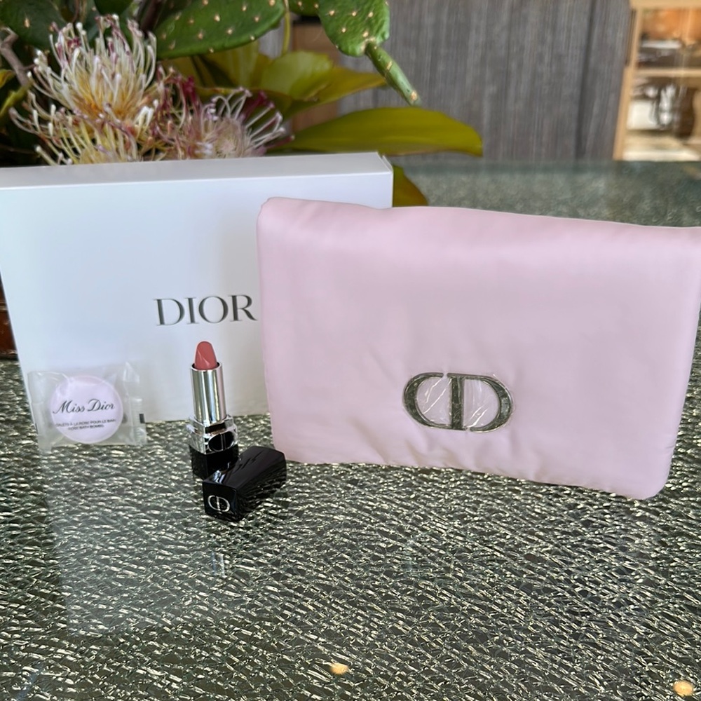 Dior Pink and Silver Cosmetic Bag Soft Puff Finish, Full Lipstick in Rose Feline